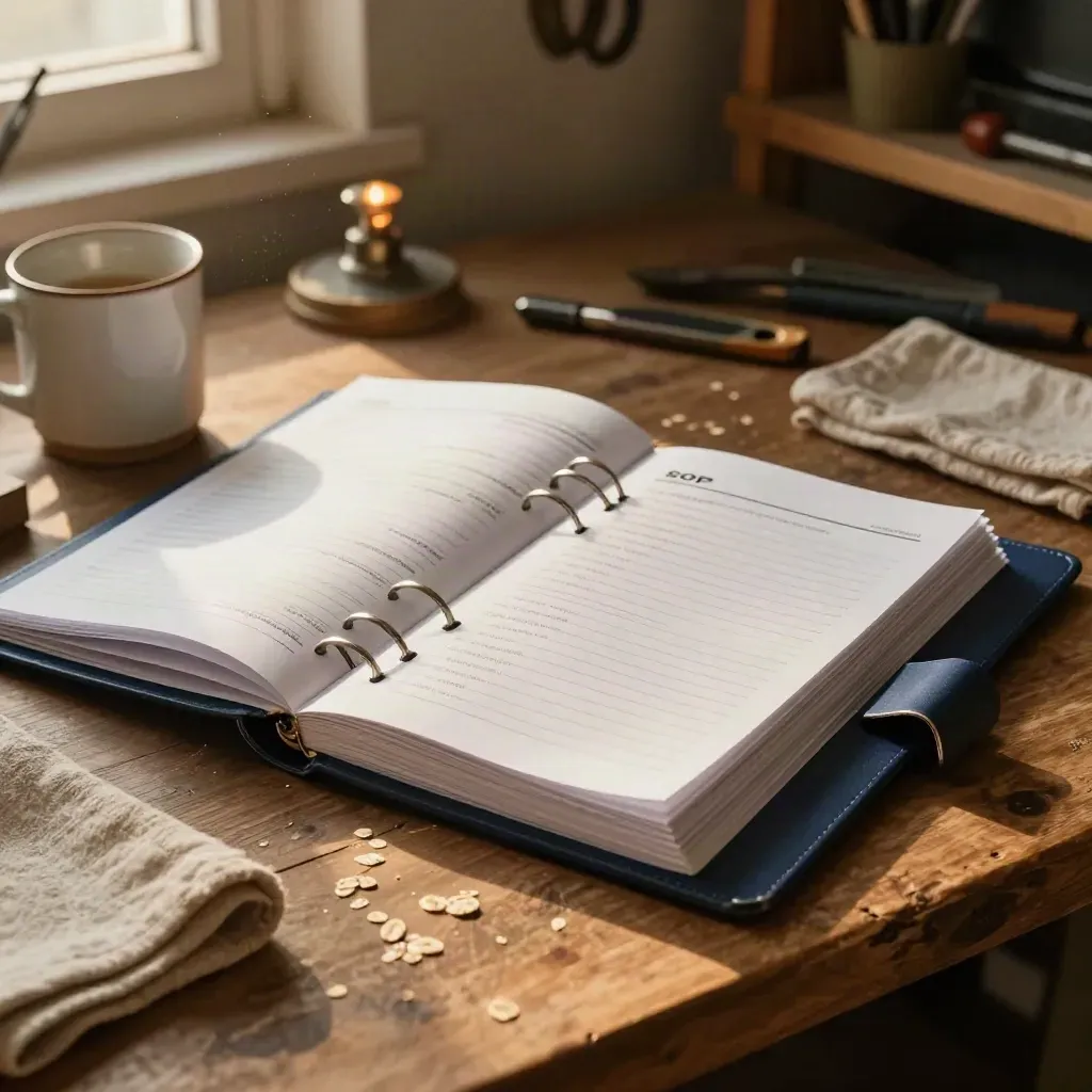 Tabbed SOP binder, cards, clips, mug and cloth on a warm workbench in afternoon light.