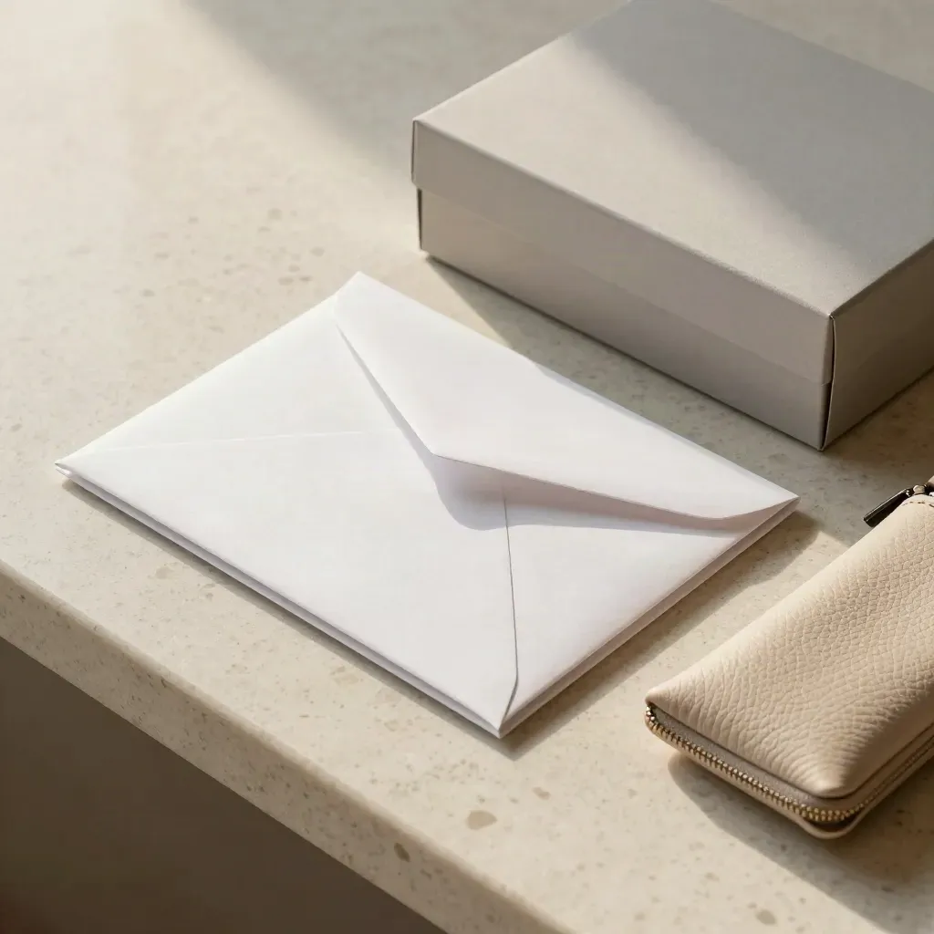 Top-down onboarding kit with envelope, folder, welcome box, and cable pouch on pale travertine.