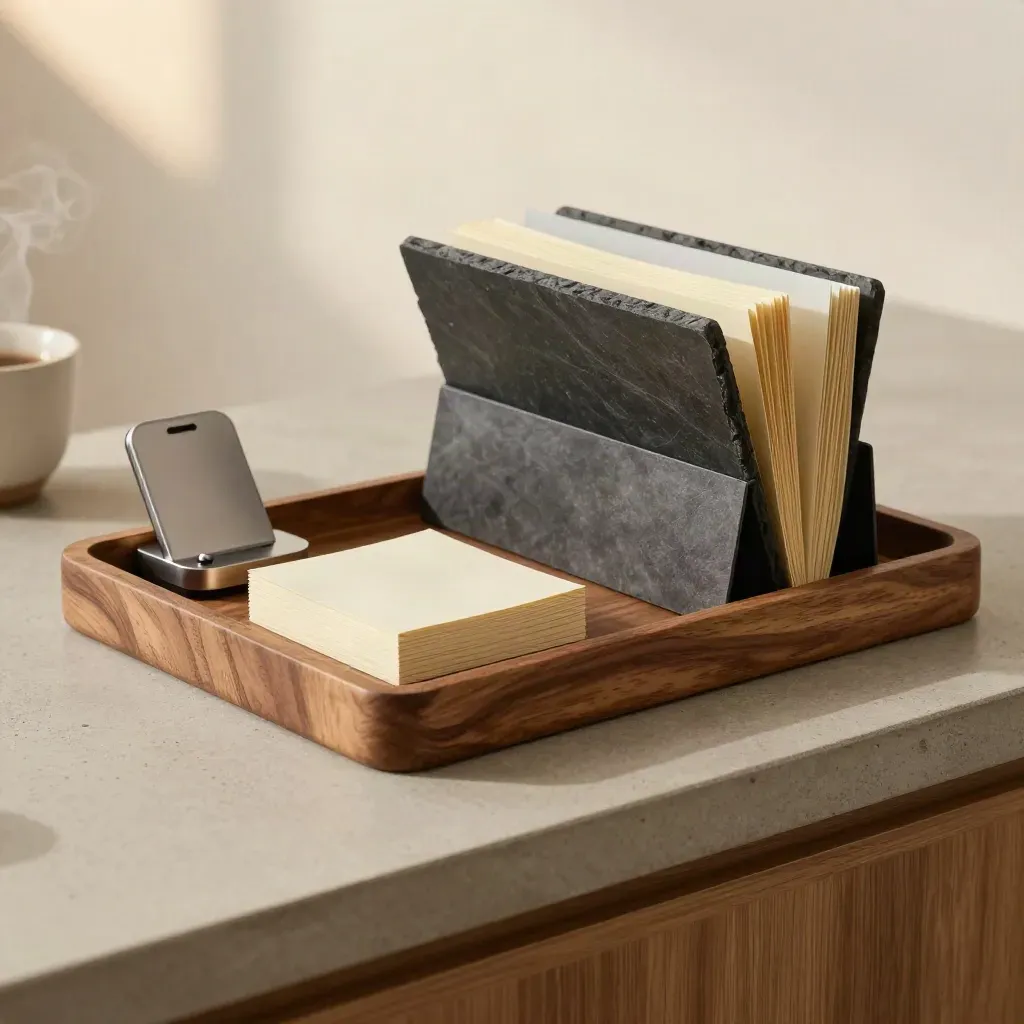 Low tray-height shot of intake tray, blank cards, phone dock, folder rack, and morning steam.