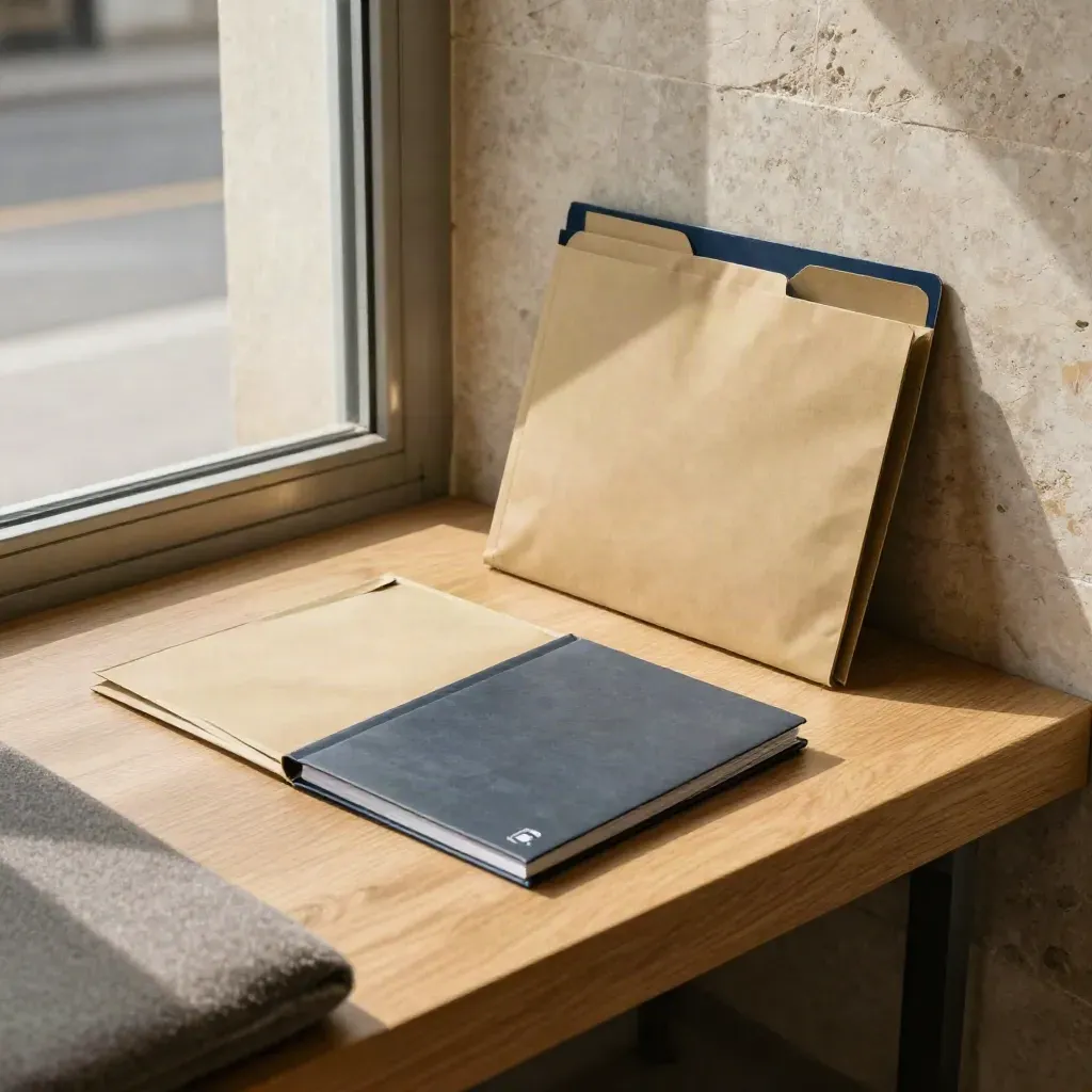 Sealed mailer and delivery folders by a lobby bench in warm natural light
