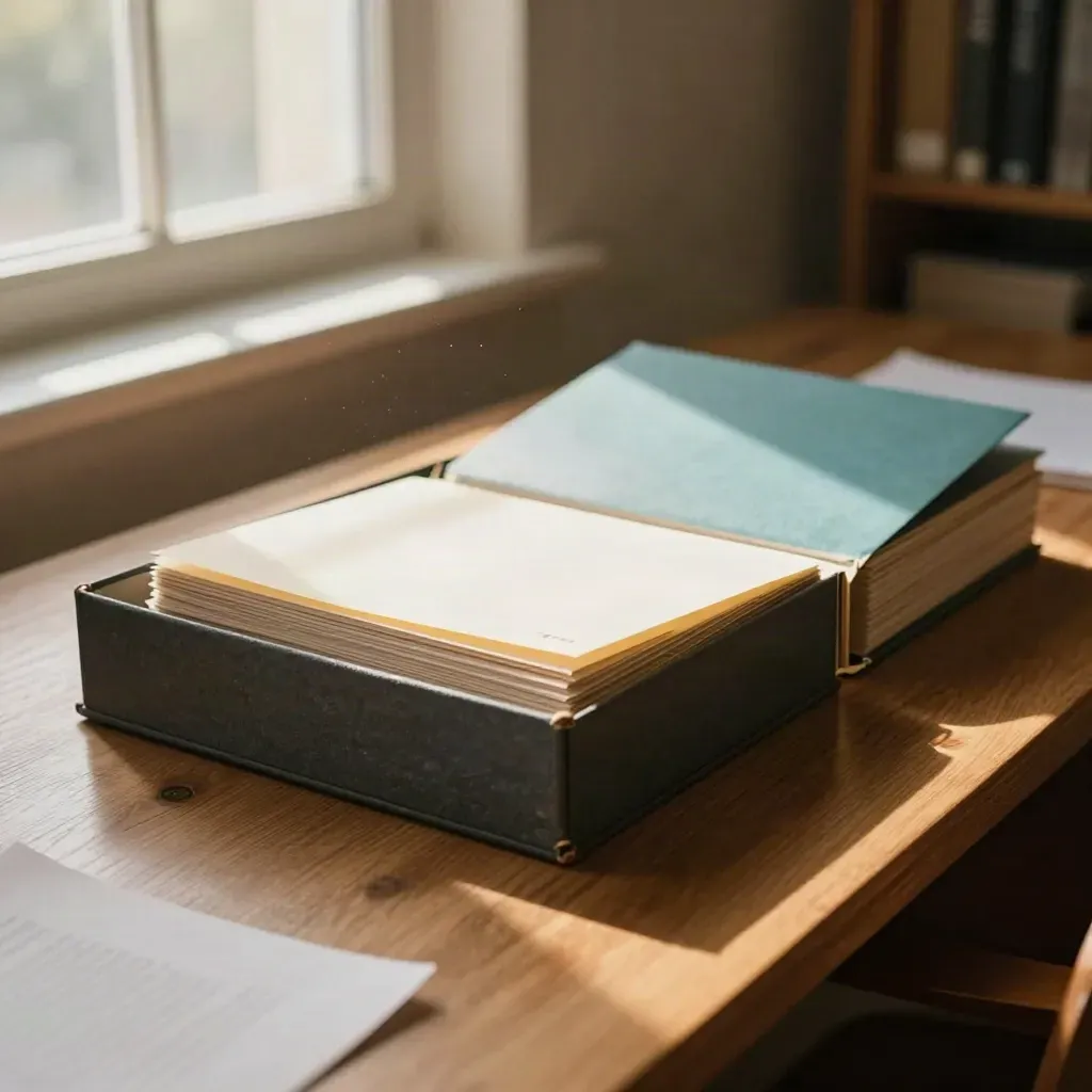 Archive box and closing files on a long table by a bright window, lit by late-day haze.