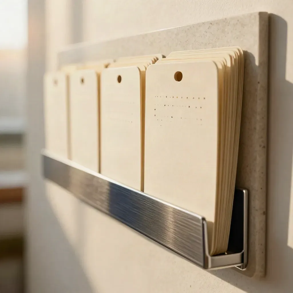 Macro view of cream task cards and a navy filing rail in a sunlit ops room, shot diagonally.
