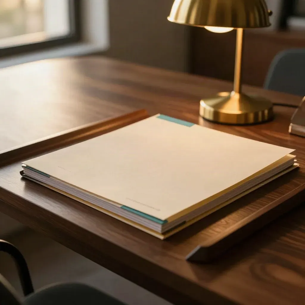 Intake tray, stacked folders and a warm lamp on a meeting table in a cozy office.