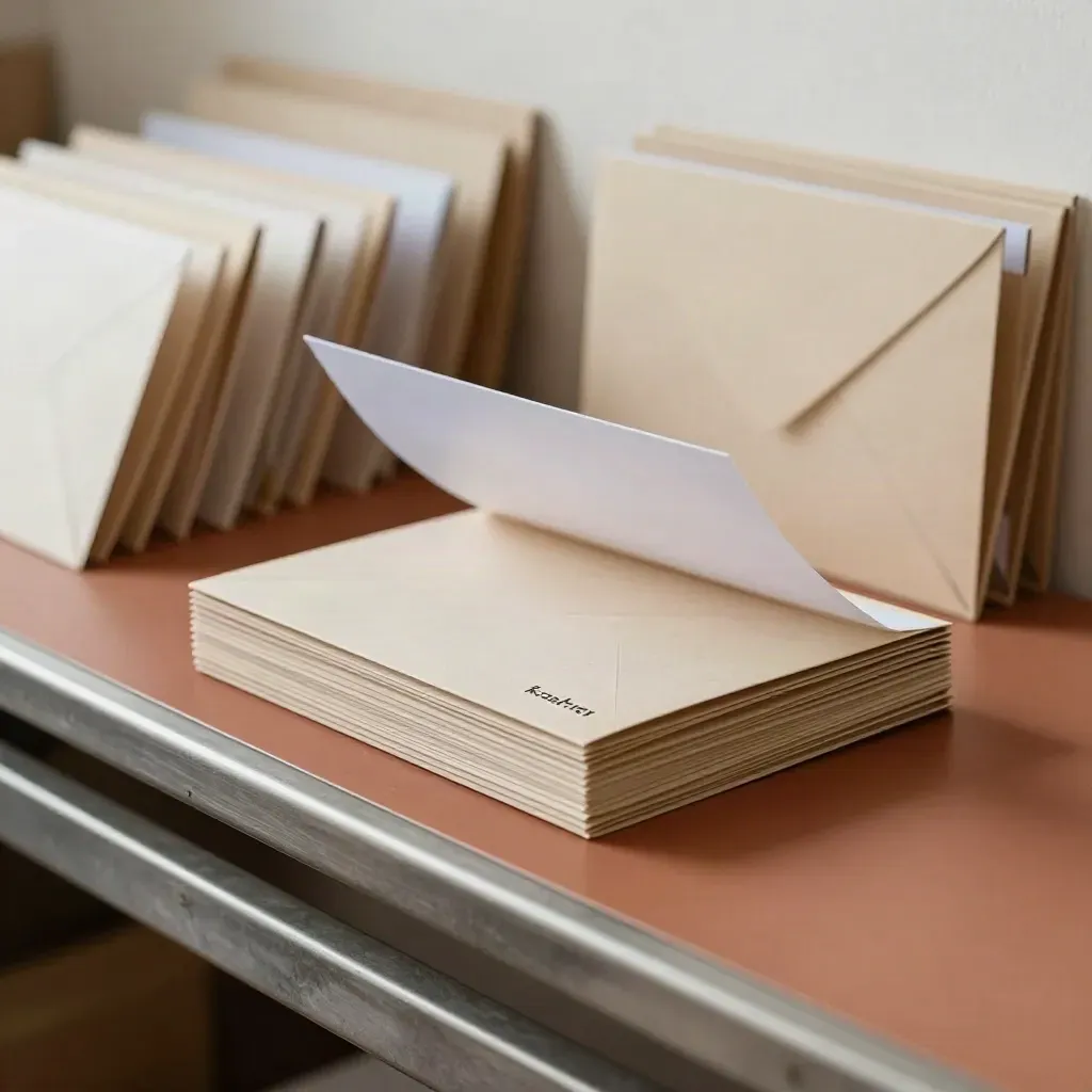 Open mailers, divider sleeves and template stack moving along a packing bench.