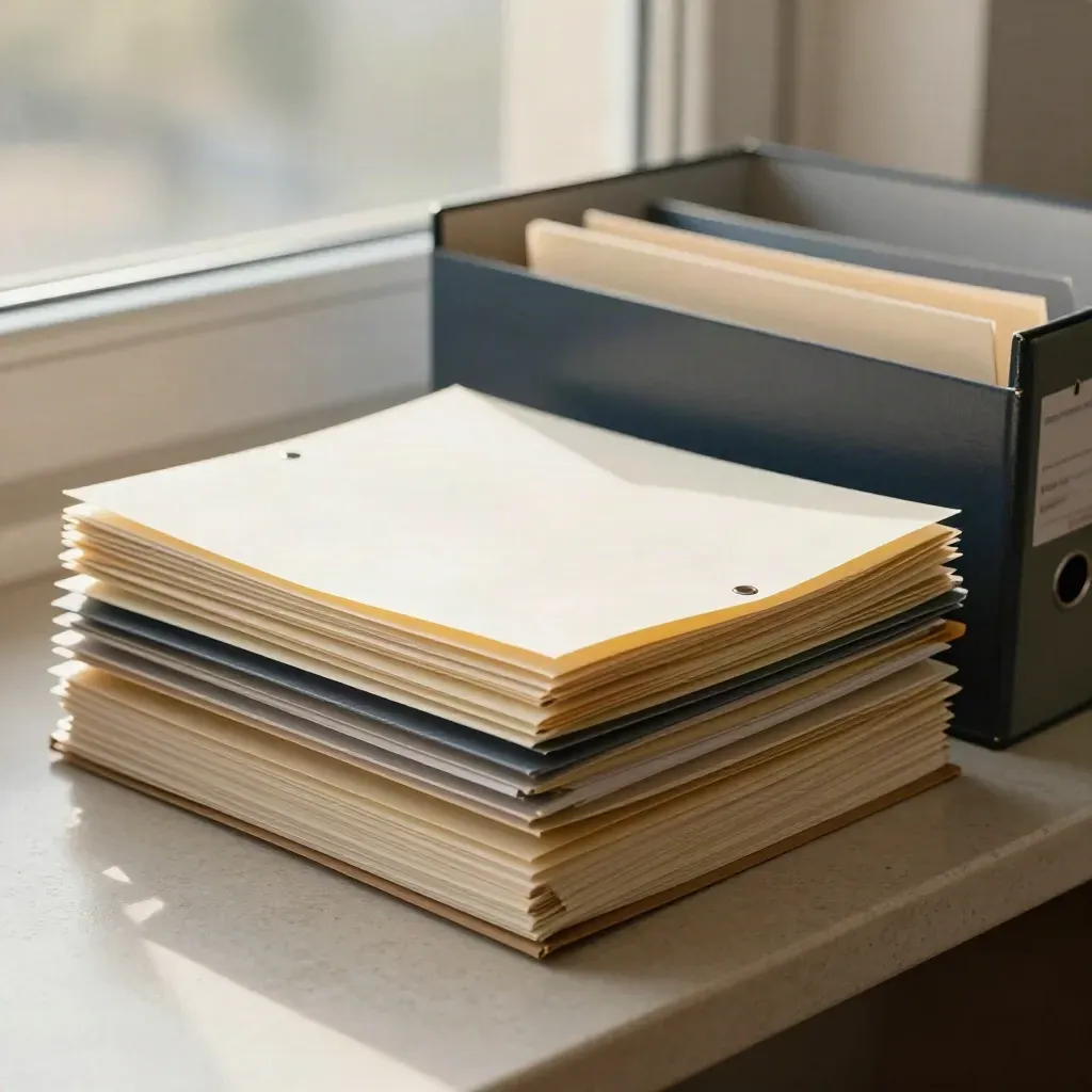 Archive box and tabbed folders on a stone counter in bright window light