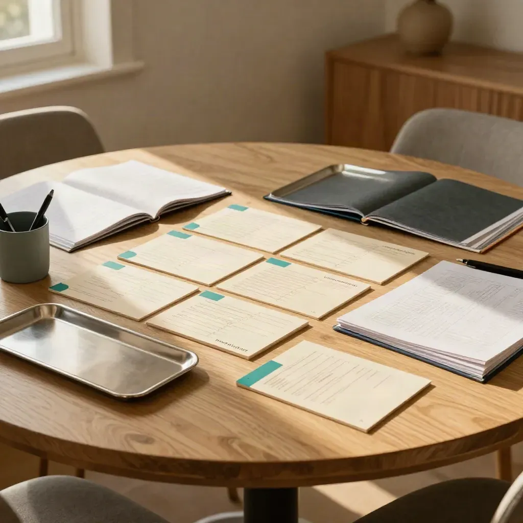 Sunlit ops review cards and trays on a round oak table in a warm meeting nook.