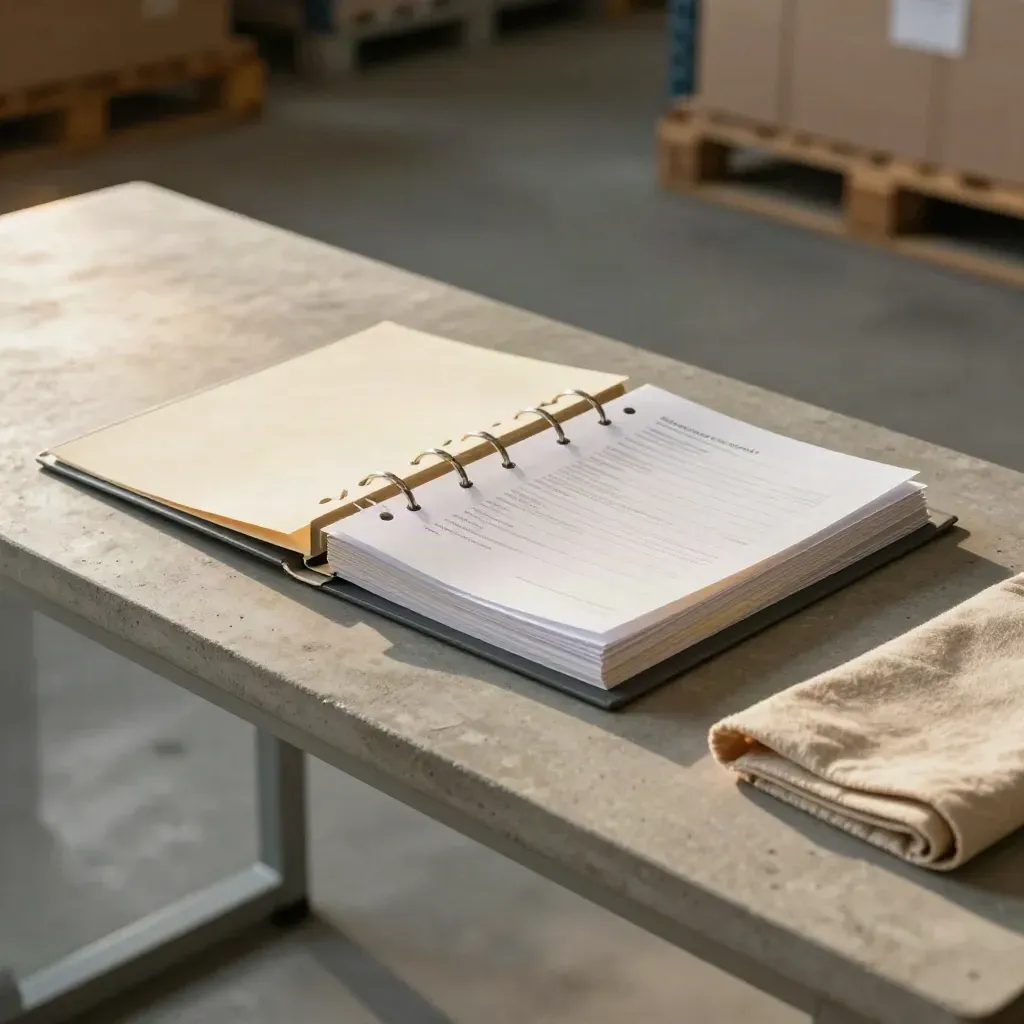 SOP folders, binder rings and folded textile on a concrete warehouse desk in warm afternoon light.