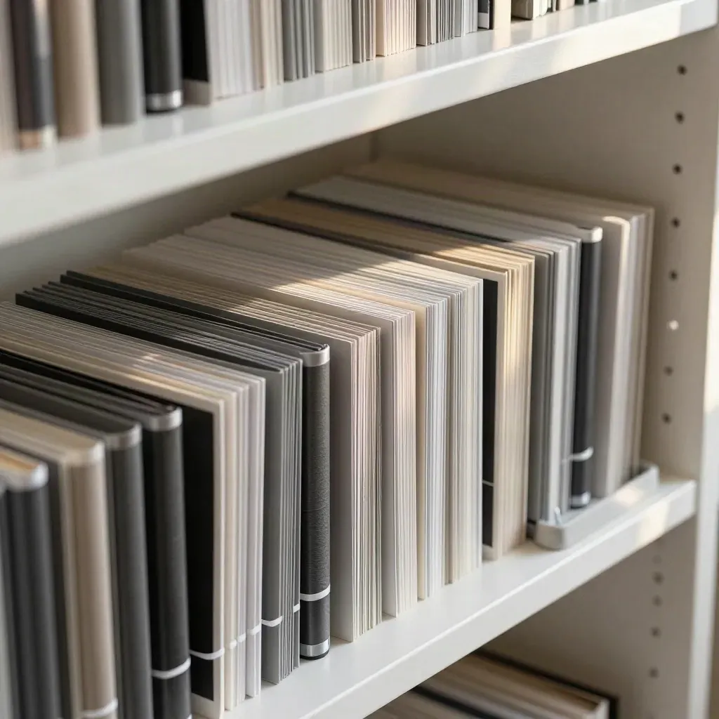 Neat template library shelves with folder spines, clips, and a stone dish in bright editorial light.