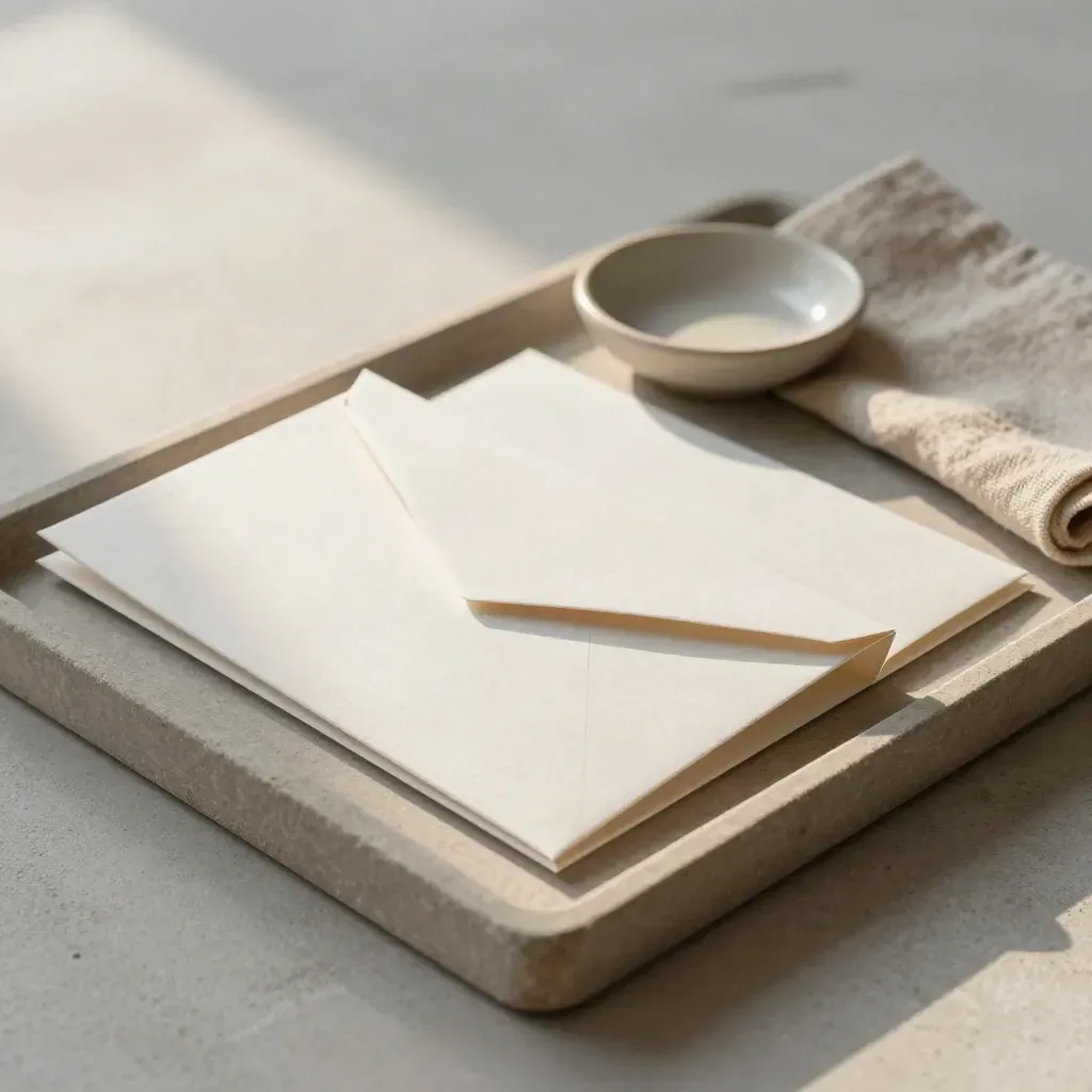 Startup handoff mailer sleeve on a stone tray with linen, ceramic dish, and soft light