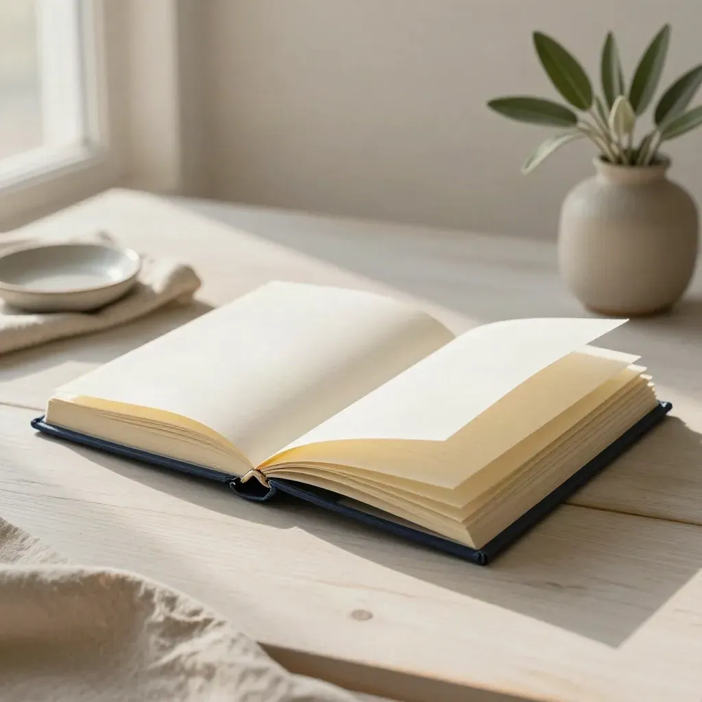 Open navy onboarding binder on pale wood with linen, ceramic dish, and sage sprig.