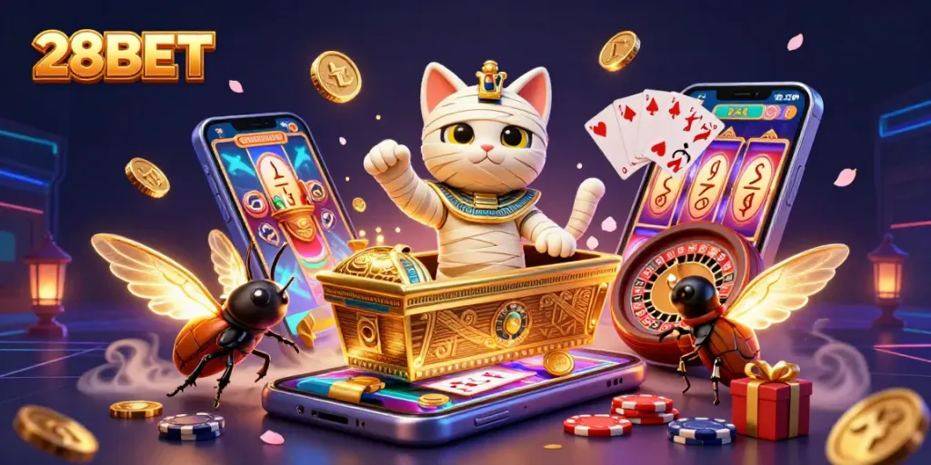 Experience thrilling action with 28BET in a vibrant casino scene featuring a mummy cat and a scarab.