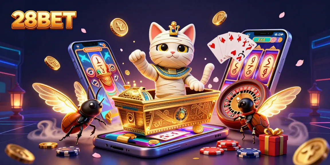 Experience thrilling action with 28BET in a vibrant casino scene featuring a mummy cat and a scarab.
