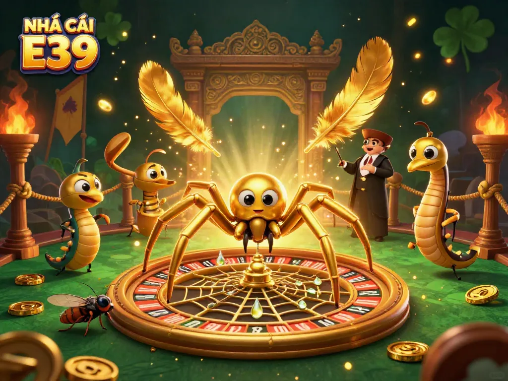 Engage in thrilling bets at NHÀ CÁI E39 with a vibrant 3D casino scene featuring a roulette wheel and animated characters.
