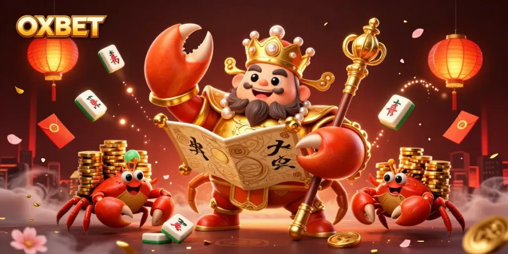 Play and win at OXBET with the lavish golden crab emperor surrounded by vibrant gaming elements and festive decorations.