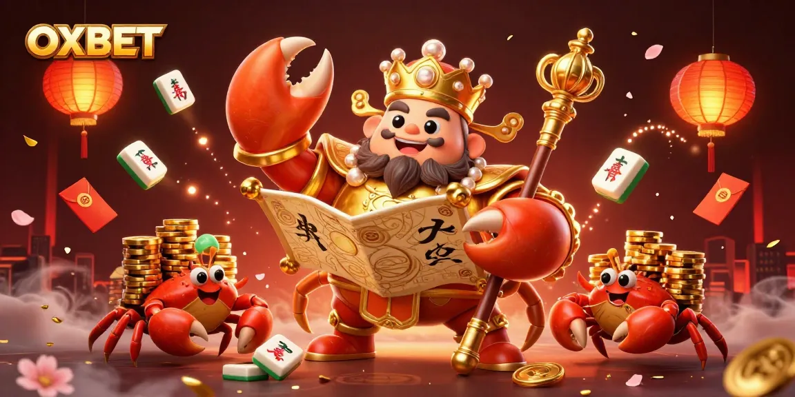 Play and win at OXBET with the lavish golden crab emperor surrounded by vibrant gaming elements and festive decorations.