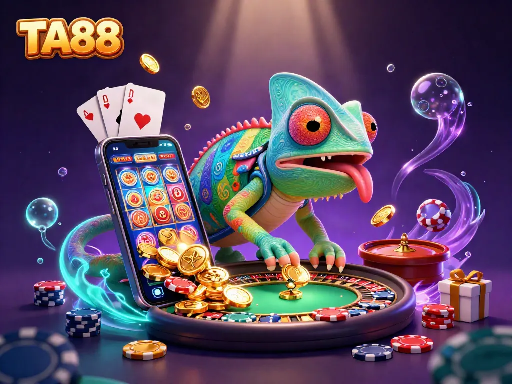 Engage with TA88's vibrant casino scene featuring a colorful chameleon owner and dynamic game elements.