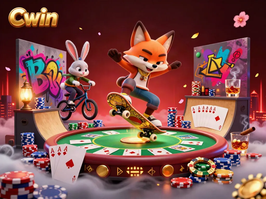 Cwin's vibrant cartoon scene showcasing a skateboarder fox and BMX rabbit in a dynamic poker-themed setting.