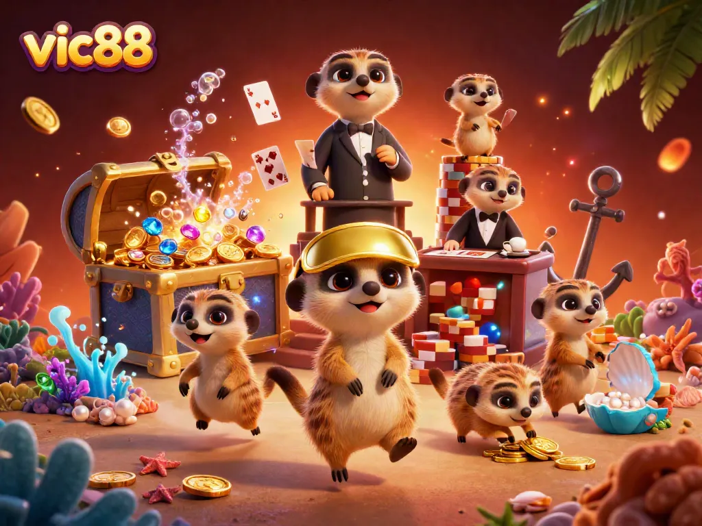 Engage in thrilling gameplay at vic88 with meerkats managing a vibrant casino environment.