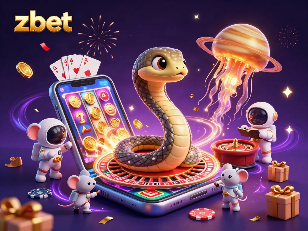 Experience zbet's unique gaming with colorful slots and cosmic characters in a vibrant casino scene.