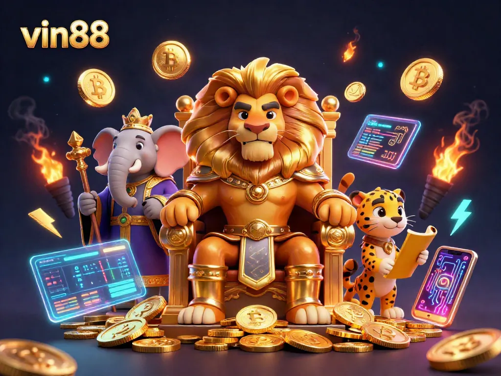 Engage with vin88 in this thrilling 3D casino scene featuring a lion king and vibrant gaming elements.