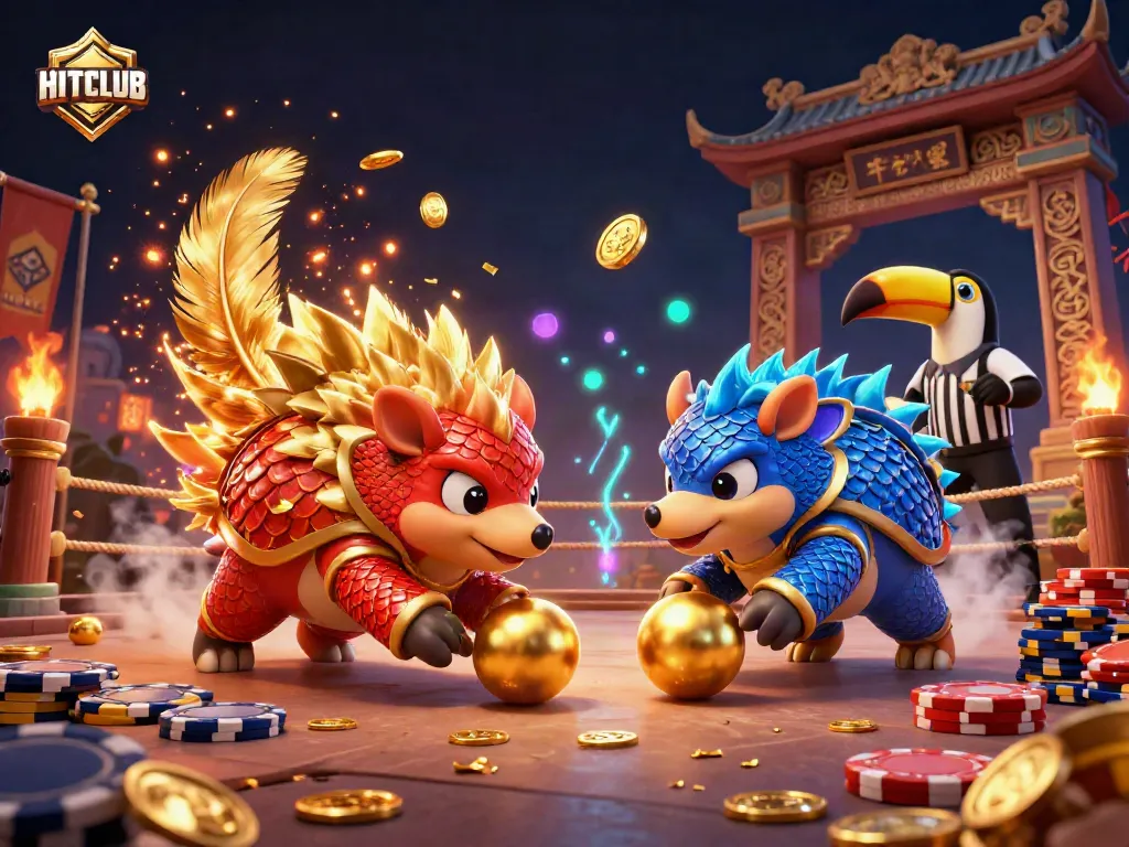 Join the excitement at HITCLUB, where pangolins compete in a thrilling casino atmosphere filled with poker chips and golden gleams.