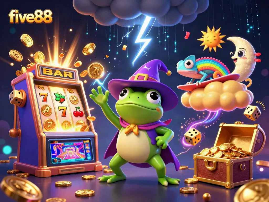 Experience massive wins at five88 with a vibrant casino scene filled with golden coins and exciting game elements.