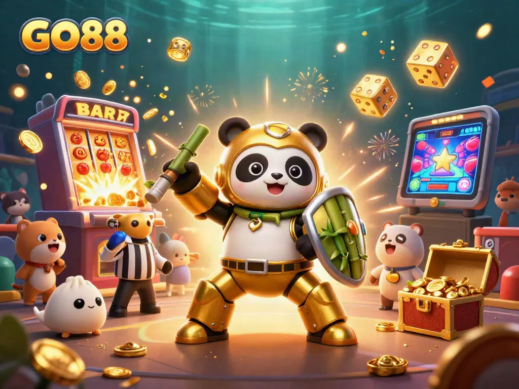 Experience GO88 gaming innovation with a golden panda in action amidst vibrant casino elements.