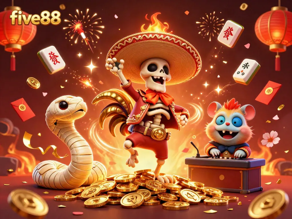 Experience the excitement of five88 with a vibrant casino-themed digital illustration showcasing animated characters and rich game elements.