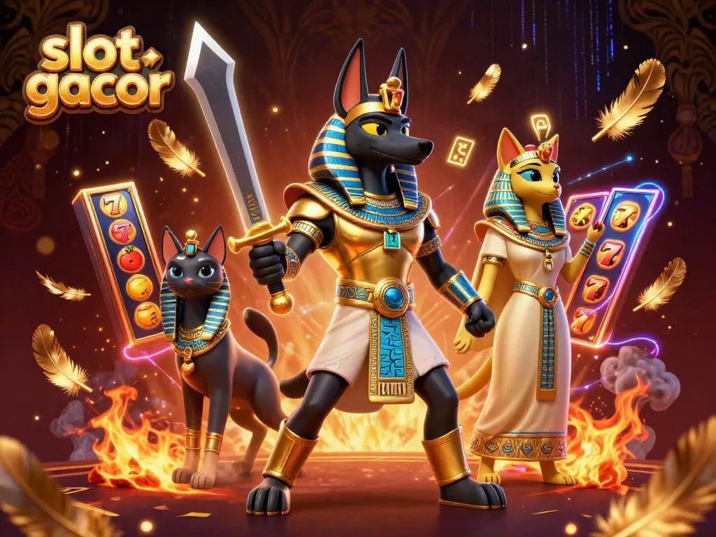 Experience the thrill of slot gacor with Anubis and Bastet in a vibrant casino scene.