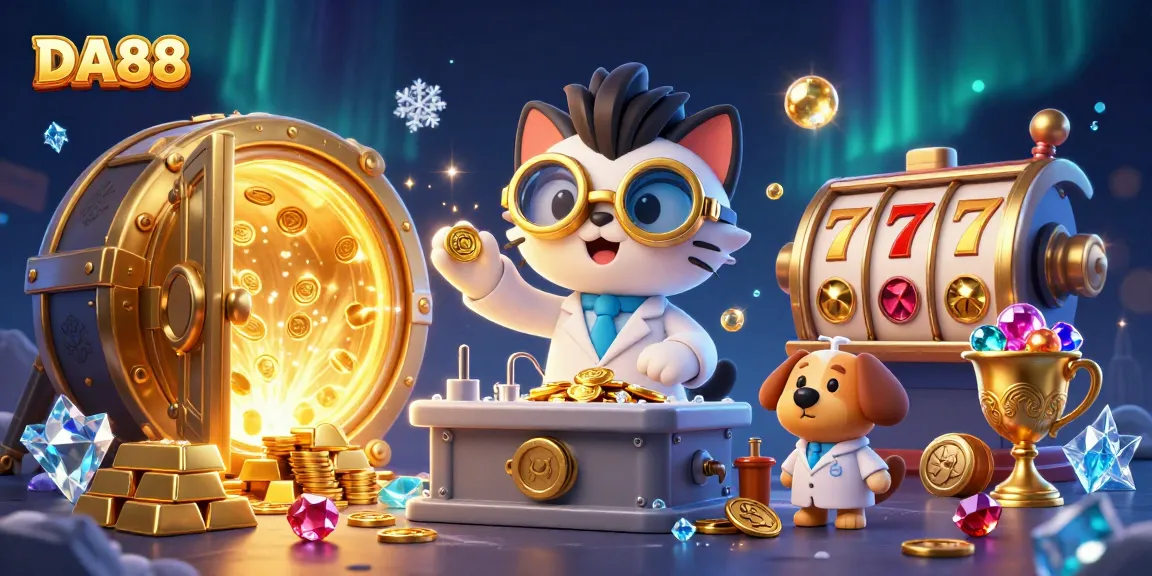 Engage with DA88's thrilling casino adventure featuring a scientist cat and dog amid gold and slot reels.