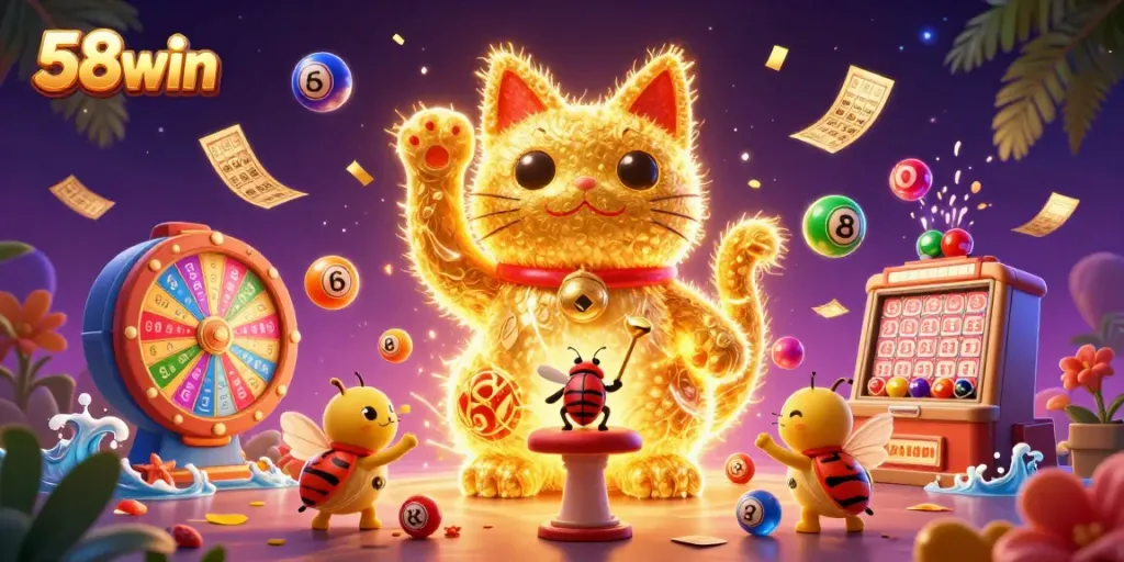 Experience thrilling wins with 58win's vibrant casino visuals featuring a lucky cat and dynamic gaming elements.