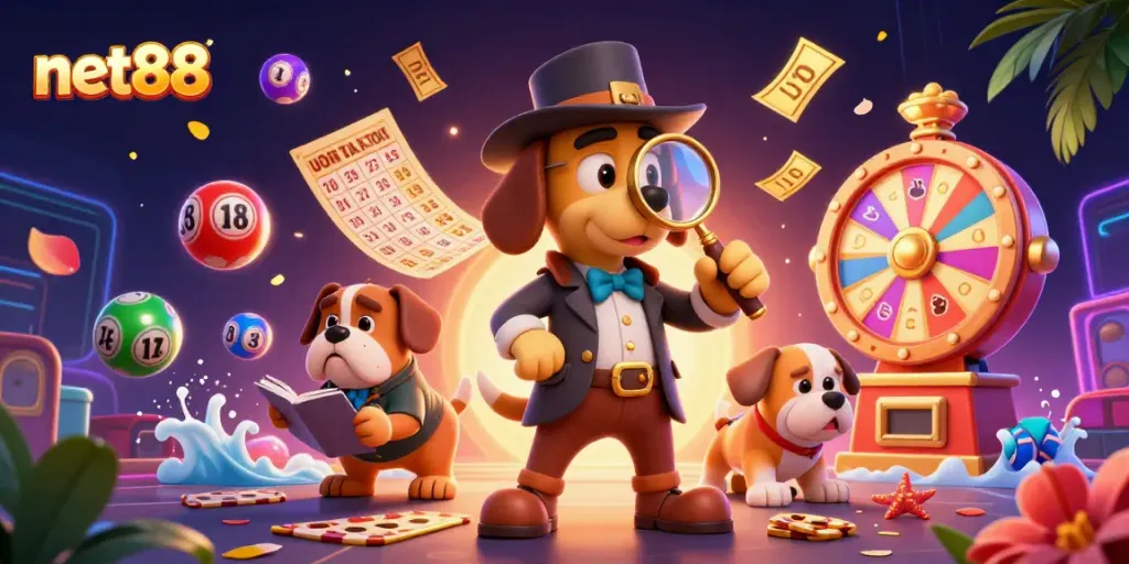 Experience the excitement of net88 with vibrant lottery elements and detective characters in a dynamic casino setting.