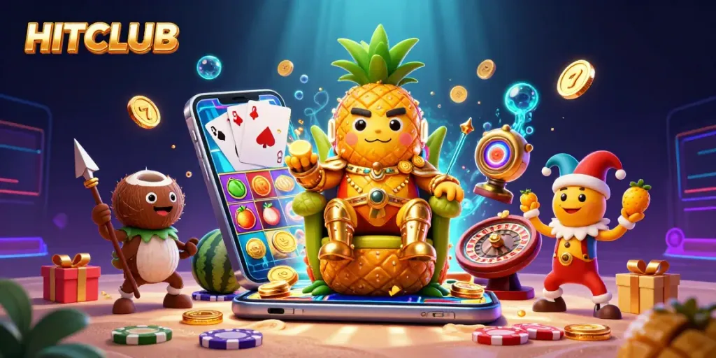Experience HITCLUB's thrilling games with a cartoon king, vibrant slots, and dynamic casino elements.