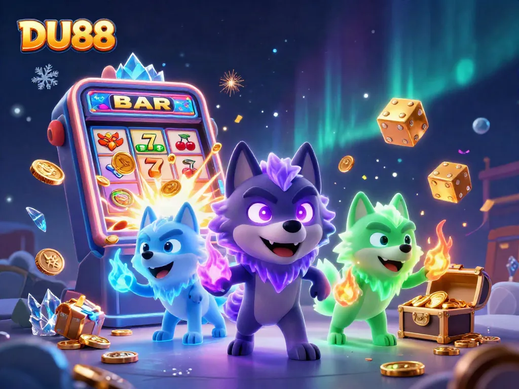 Engage in exciting gameplay at DU88 with a colorful slot machine and dynamic ghostly wolves.