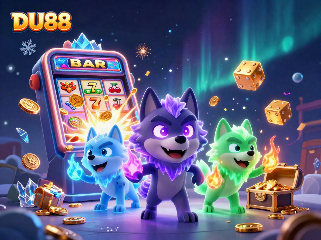Engage in exciting gameplay at DU88 with a colorful slot machine and dynamic ghostly wolves.