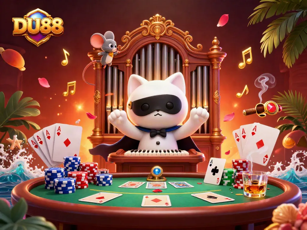 Experience excitement at DU88 with a vibrant casino scene featuring a white cat, poker elements, and floating notes.