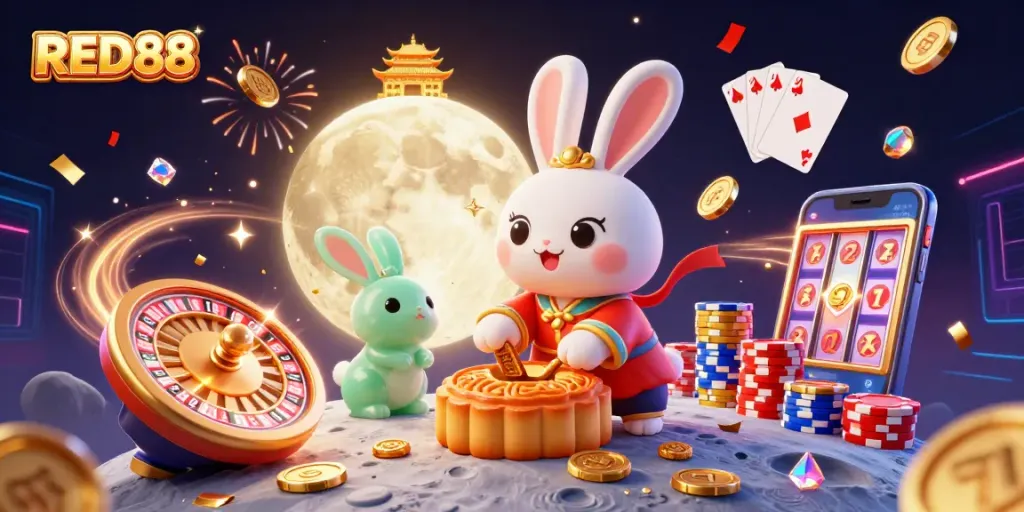 Experience the thrill of winning with RED88's vibrant 3D casino illustration, showcasing dynamic gambling elements.