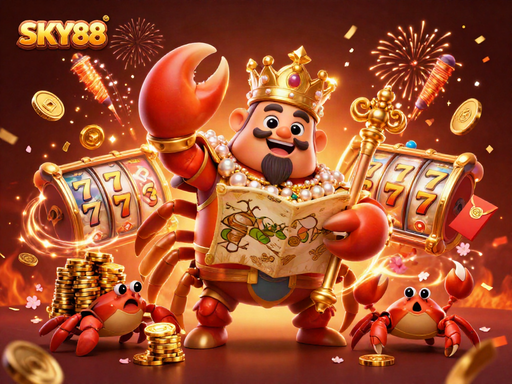 Engage with SKY88's thrilling slot experience featuring a golden crab and treasure in vibrant casino atmosphere.