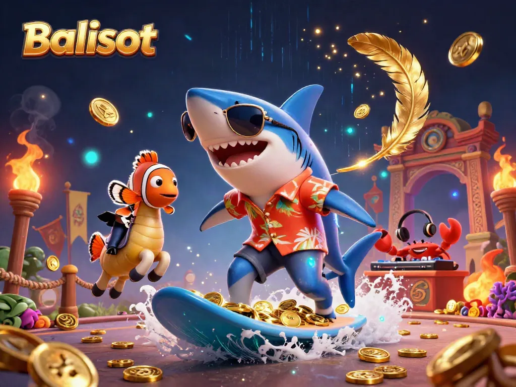 Experience thrilling slots at Balislot with dynamic visuals of a shark surfing on golden coins.