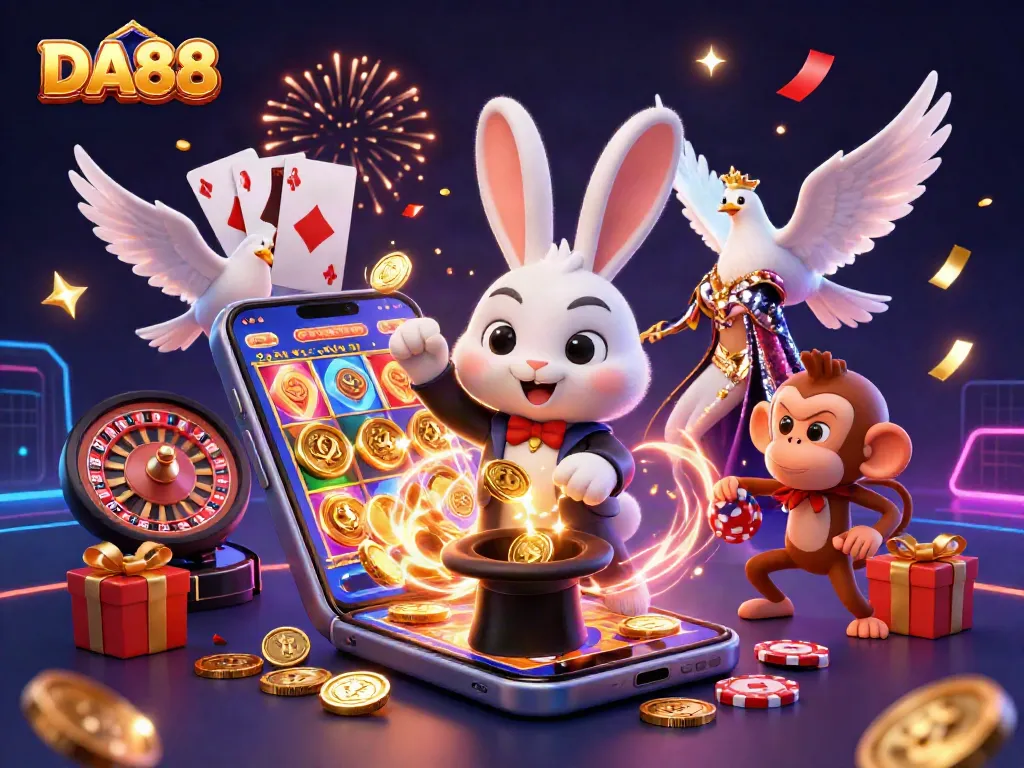 Experience exciting wins at DA88 with a magician rabbit, poker chips, and magical sparkle effects.