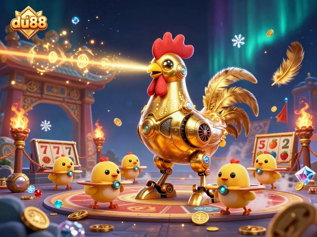 Engage with du88's thrilling gaming atmosphere featuring dynamic golden rooster robots and baby chick drones among vivid casino elements.
