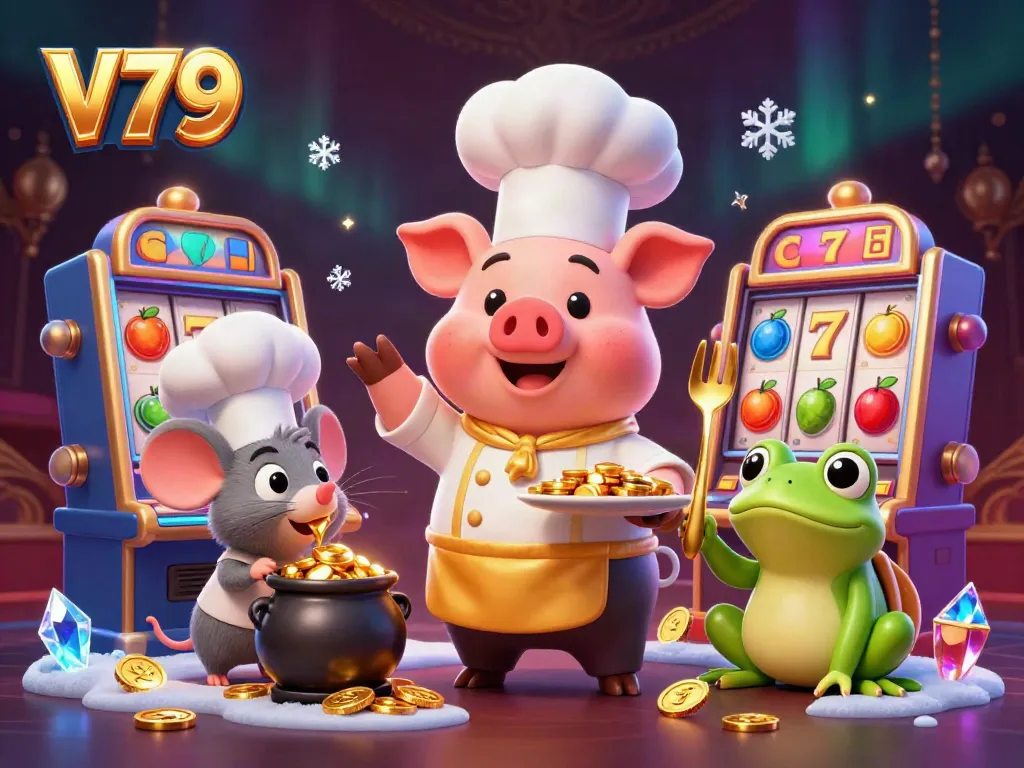 Experience thrilling gaming with V79, featuring vibrant cartoon characters in a bustling casino.