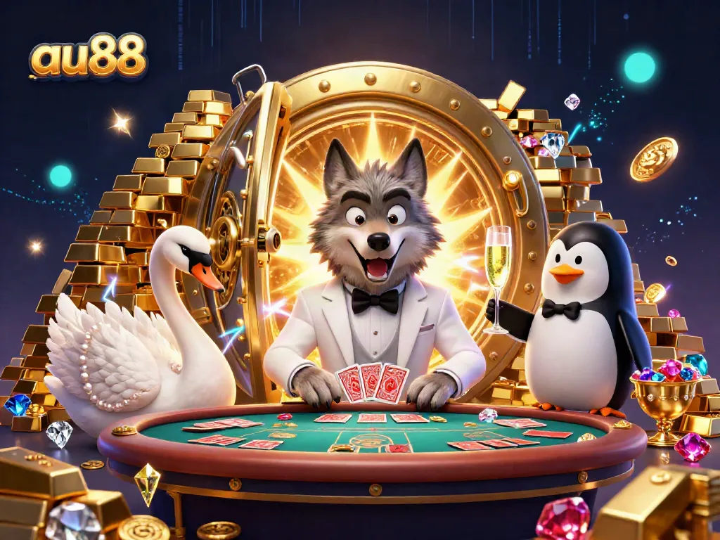 Experience casino excitement with au88 as a debonair wolf, elegant swan, and sophisticated penguin celebrate at the baccarat table.