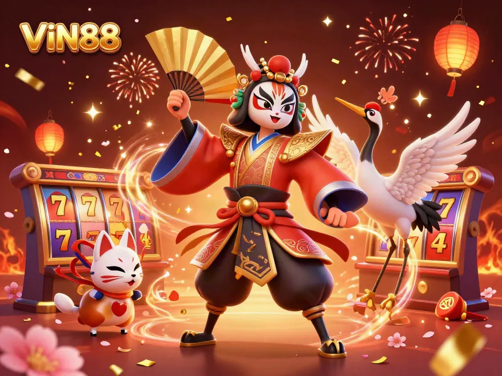 Experience excitement with the kabuki warrior and kitsune celebrating wins at VIN88's vibrant online casino.