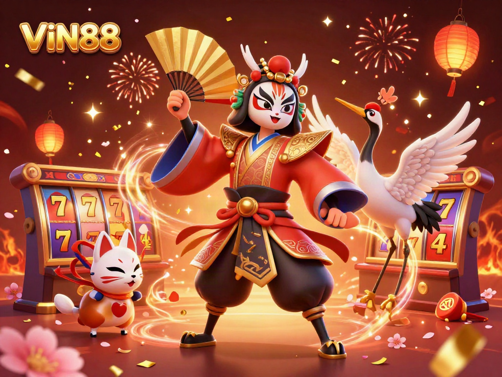 Experience excitement with the kabuki warrior and kitsune celebrating wins at VIN88's vibrant online casino.