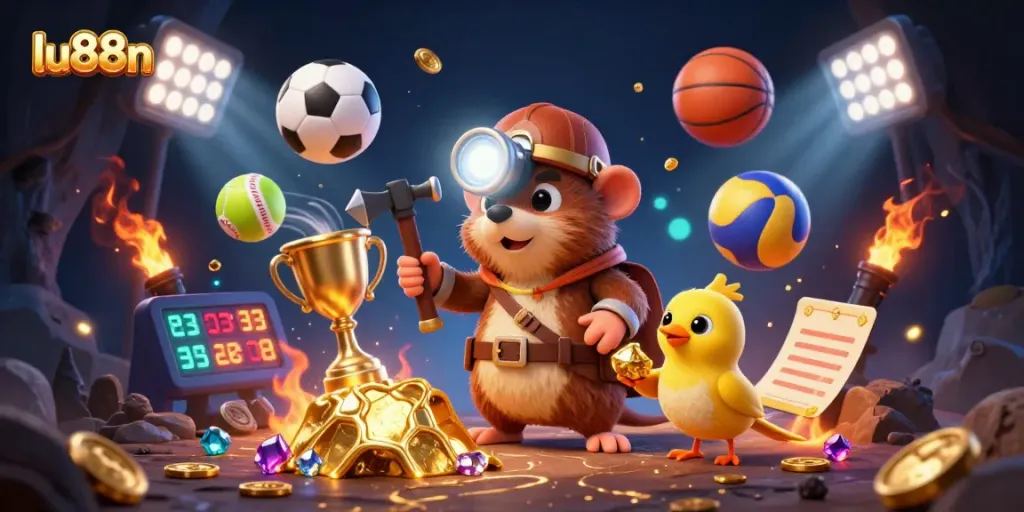 Experience thrilling sports betting with lu88n's dynamic casino illustration featuring treasure and excitement.
