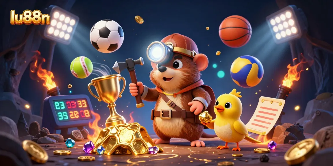 Experience thrilling sports betting with lu88n's dynamic casino illustration featuring treasure and excitement.