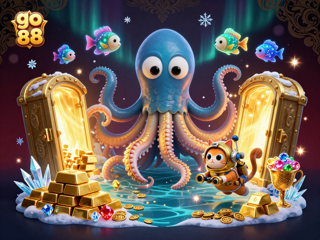 Experience thrilling wins with go 88 in a vibrant casino adventure featuring a 3D kraken, cat, and gems.