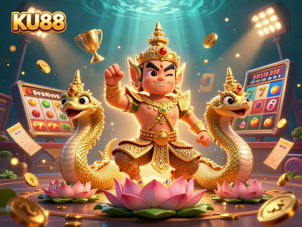 Engage with KU88's thrilling slot jackpots surrounded by dazzling characters and dynamic elements.