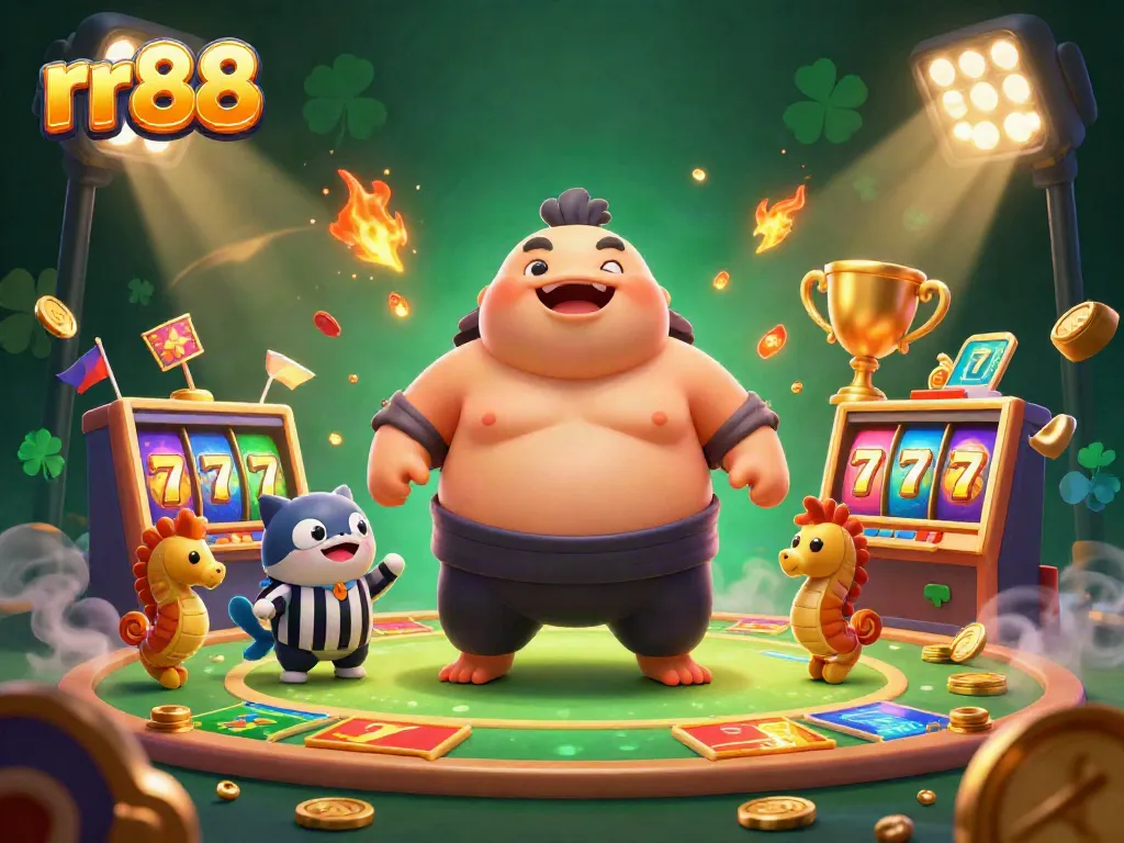 Win exciting jackpots at rr88 with an engaging underwater casino scene featuring a sumo fugu and vibrant slot reels.